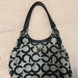 Coach Signature Bag Black/Gray lined with turquoise color 1 zip & 2 snap pockets